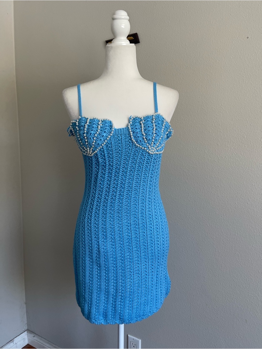 Muse Sky Blue Crochet Knit Top with Tag Detail